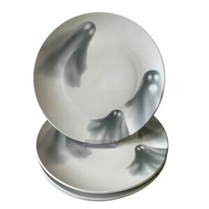 (4) Grammercy Studio Halloween Ghost Dinner Plates 10.5in Matte White Black BOO